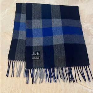 Jos. A. Bank 100% Cashmere Scarf Navy Blue Plaid Unisex 66" X 12" Fringe Winter